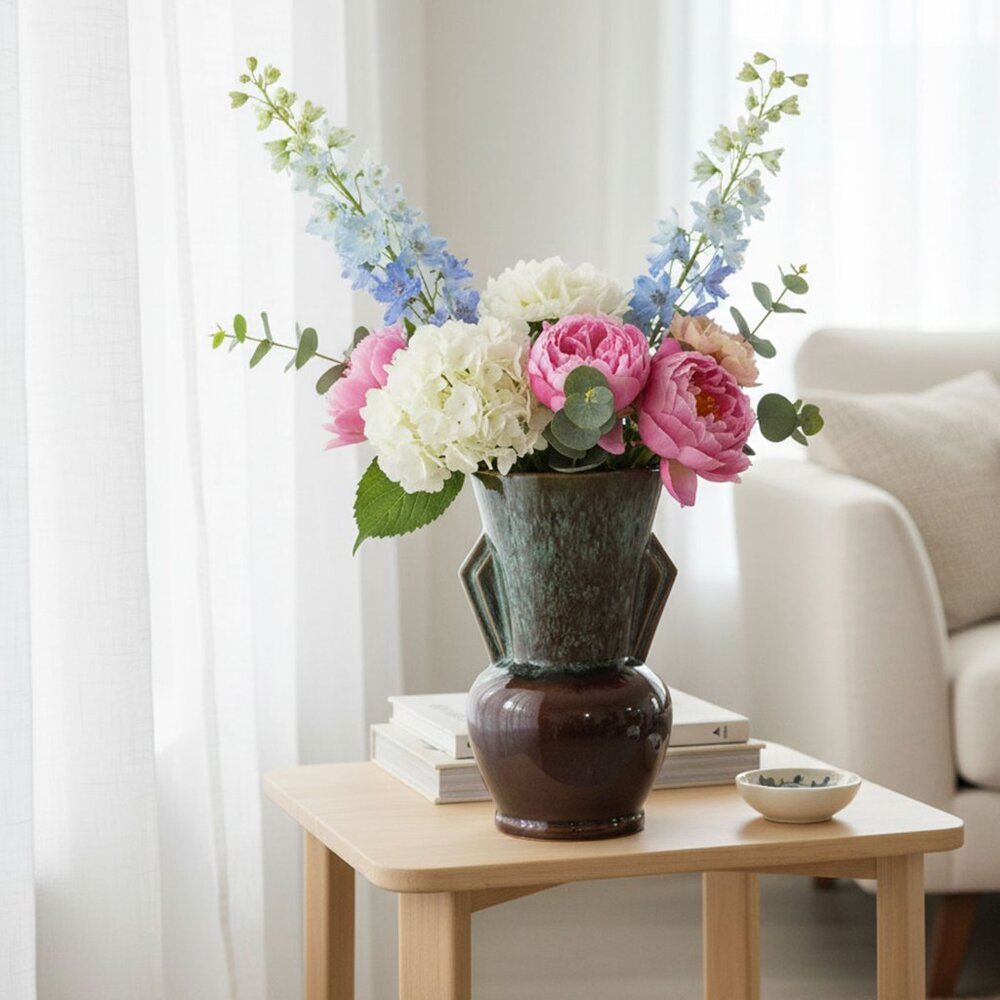 Vintage Beauceware Pottery Vase 41 Canada Drip Glaze Teal Blue Green Brown MCM